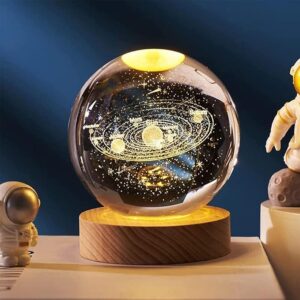 3D Galaxy Crystal Ball Night Light | Dimmable Engraved LED Glass Ball Table Lamp with USB and Wooden Base for Home Decor, Office, Birthday Gift & Kids Bedroom